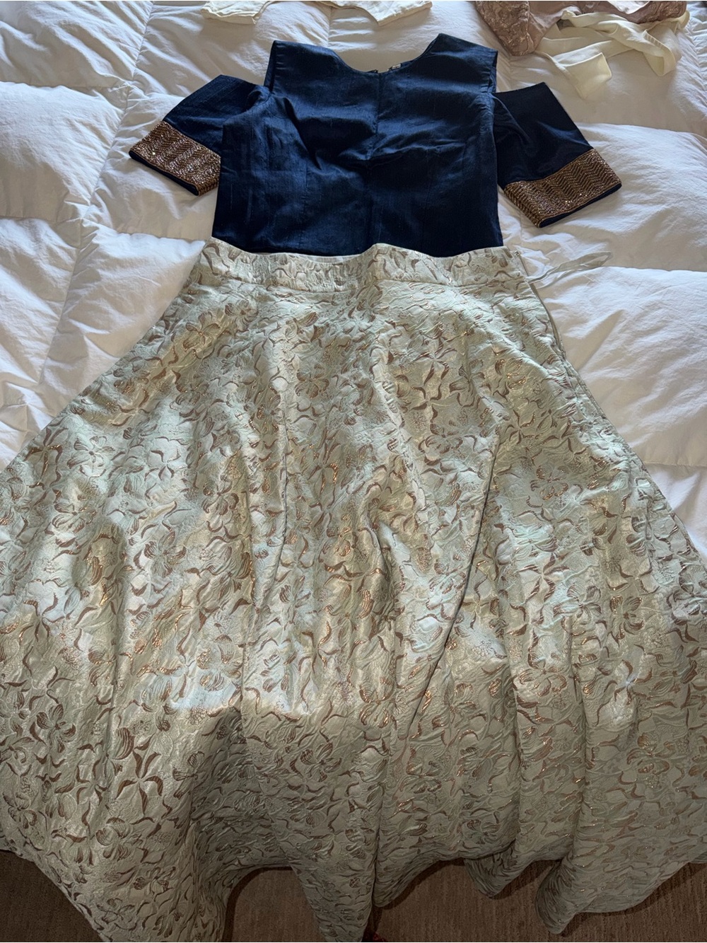 Ivory Brocade A-Line Skirt with Navy Waistband - Indian dress for wedding guests